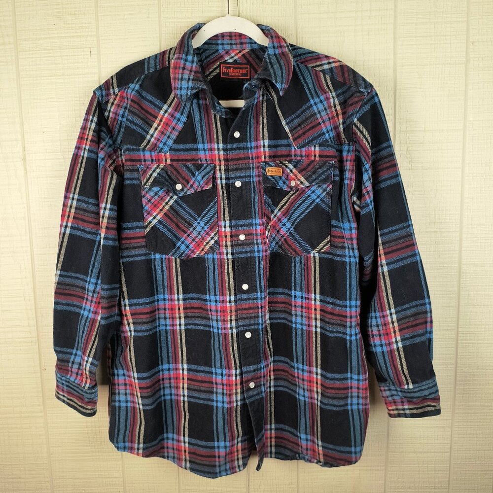 FiveBrother Western Flannel Shirt Pearl Snap Heavyweight Black Red Blue